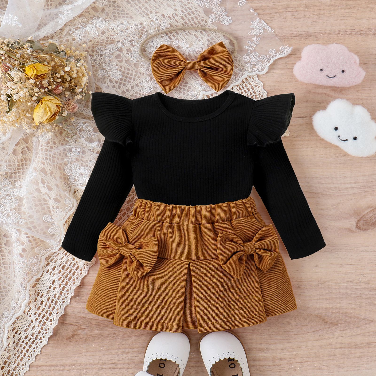 Infant Toddler Lace Bowknot Short Dress With Headdress Three-piece Set - cas7m