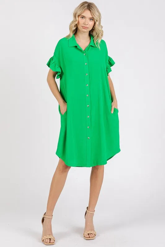Mittoshop Button Down Flounce Sleeve Dress with Pockets - cas7m
