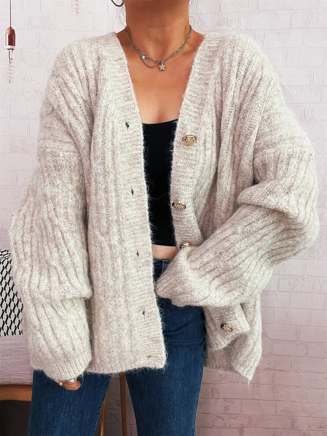 Cable Knit Button-Up Cardigan - cas7m