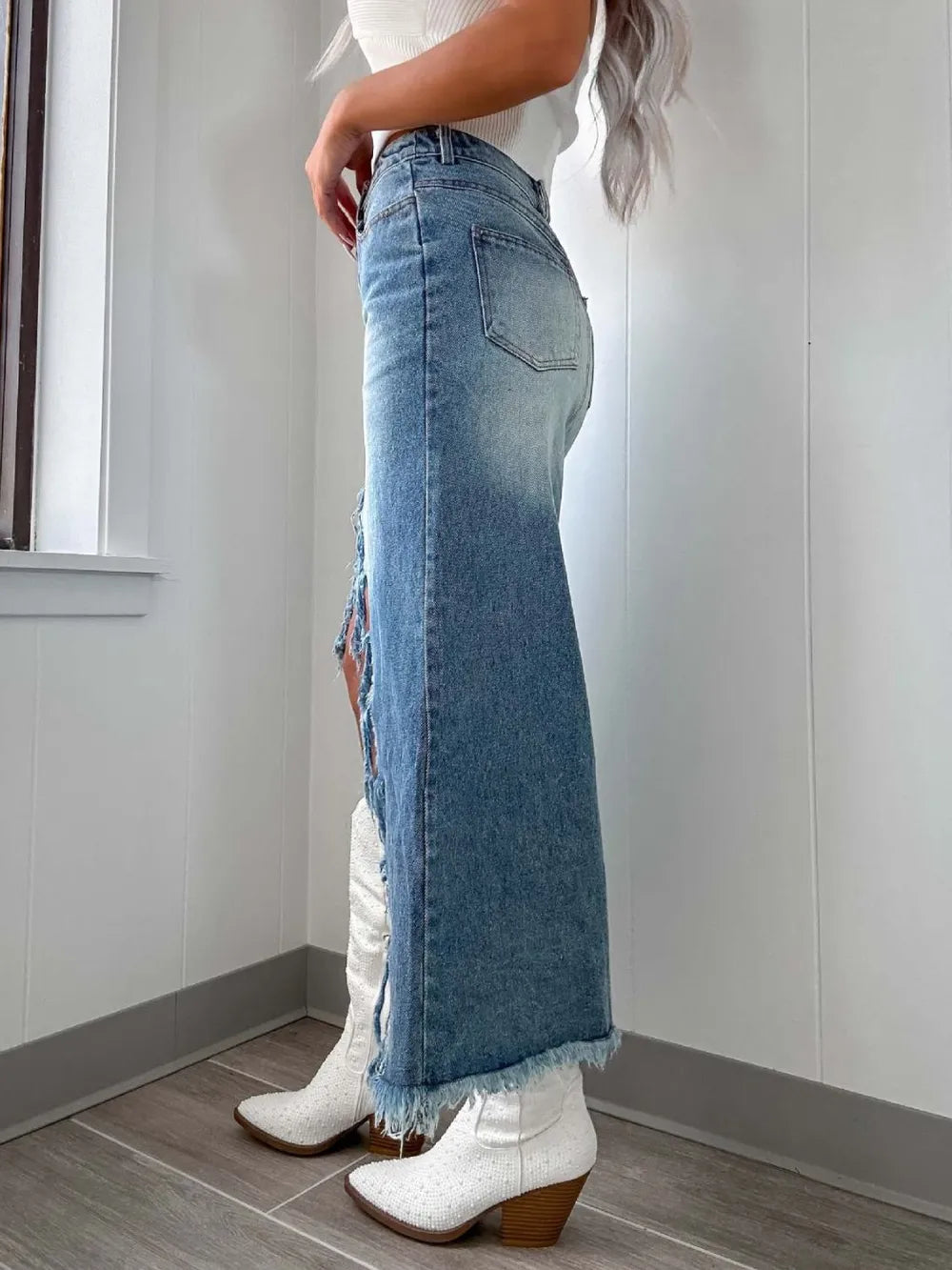 High-Waist Raw Hem Asymmetry Denim Skirt - cas7m
