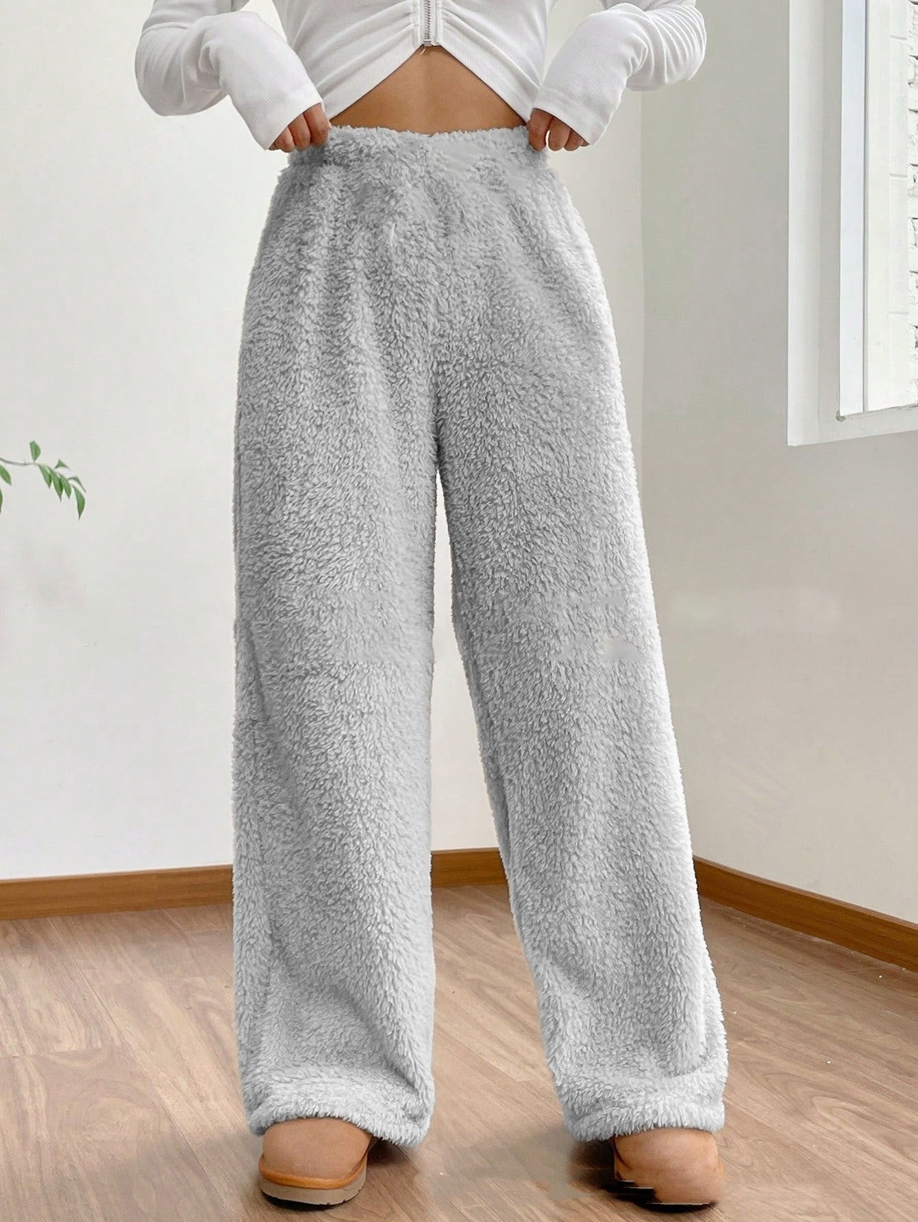 Women's Solid Color Loose Fleece Casual Pants - cas7m