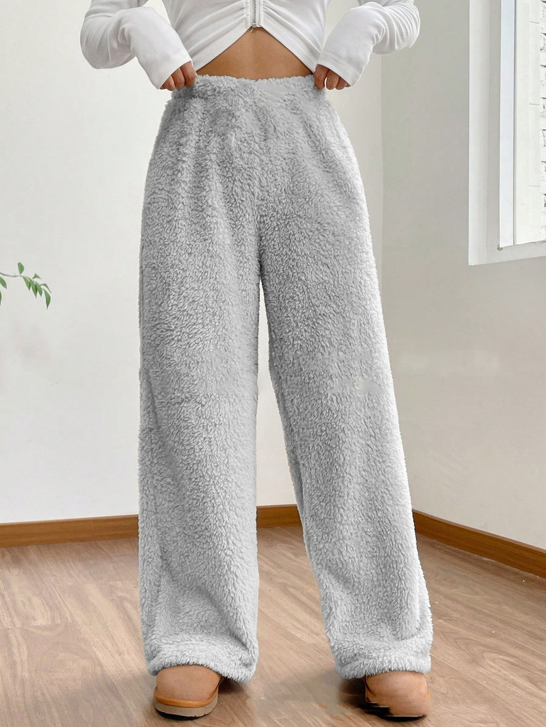 Women's Solid Color Loose Fleece Casual Pants - cas7m