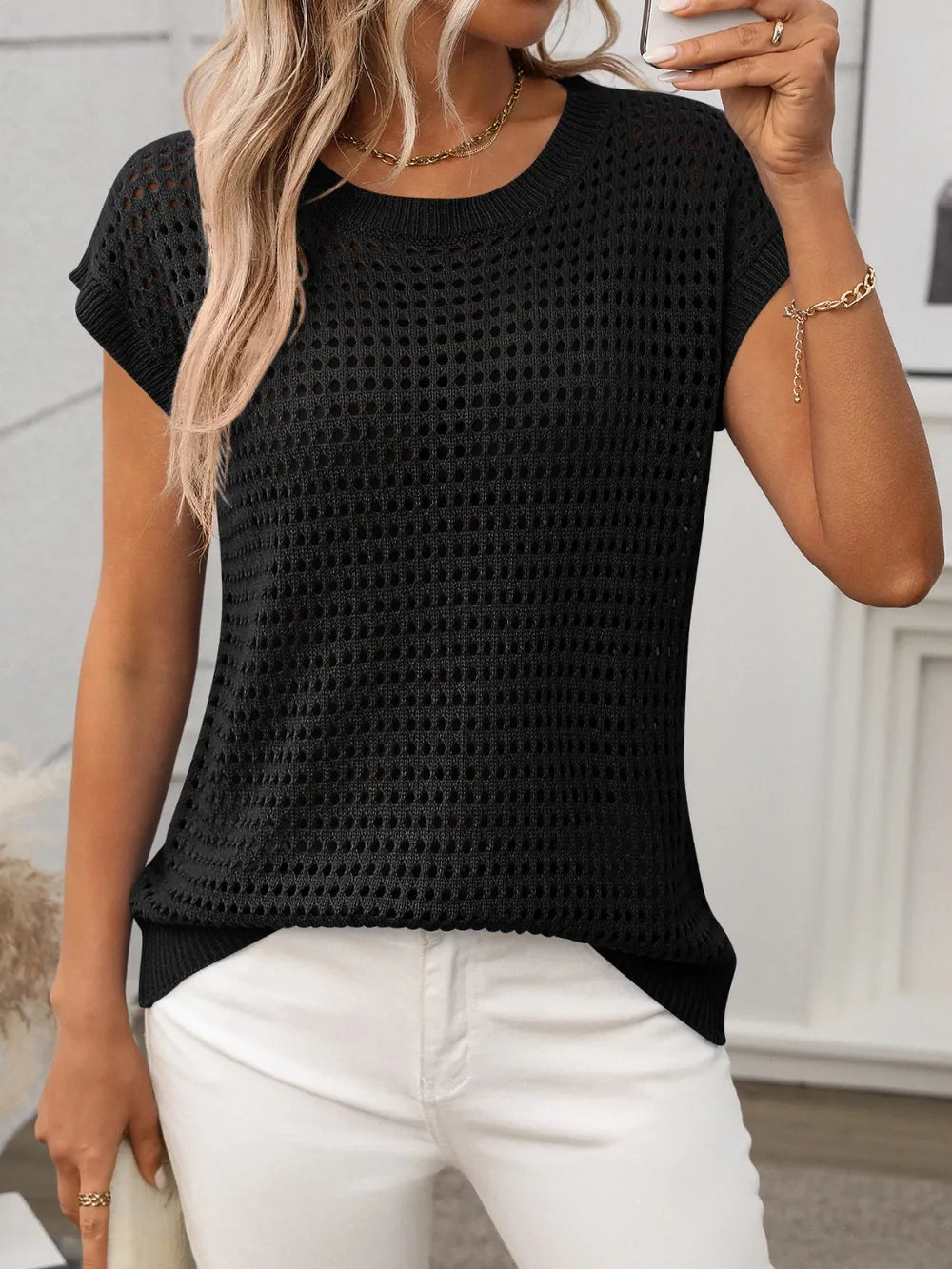 Openwork Round Neck Short Sleeve Knit Cover Up - cas7m