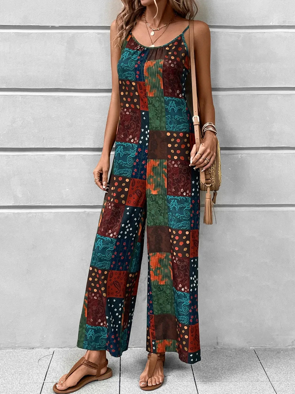Printed Scoop Neck Spaghetti Strap Jumpsuit - cas7m