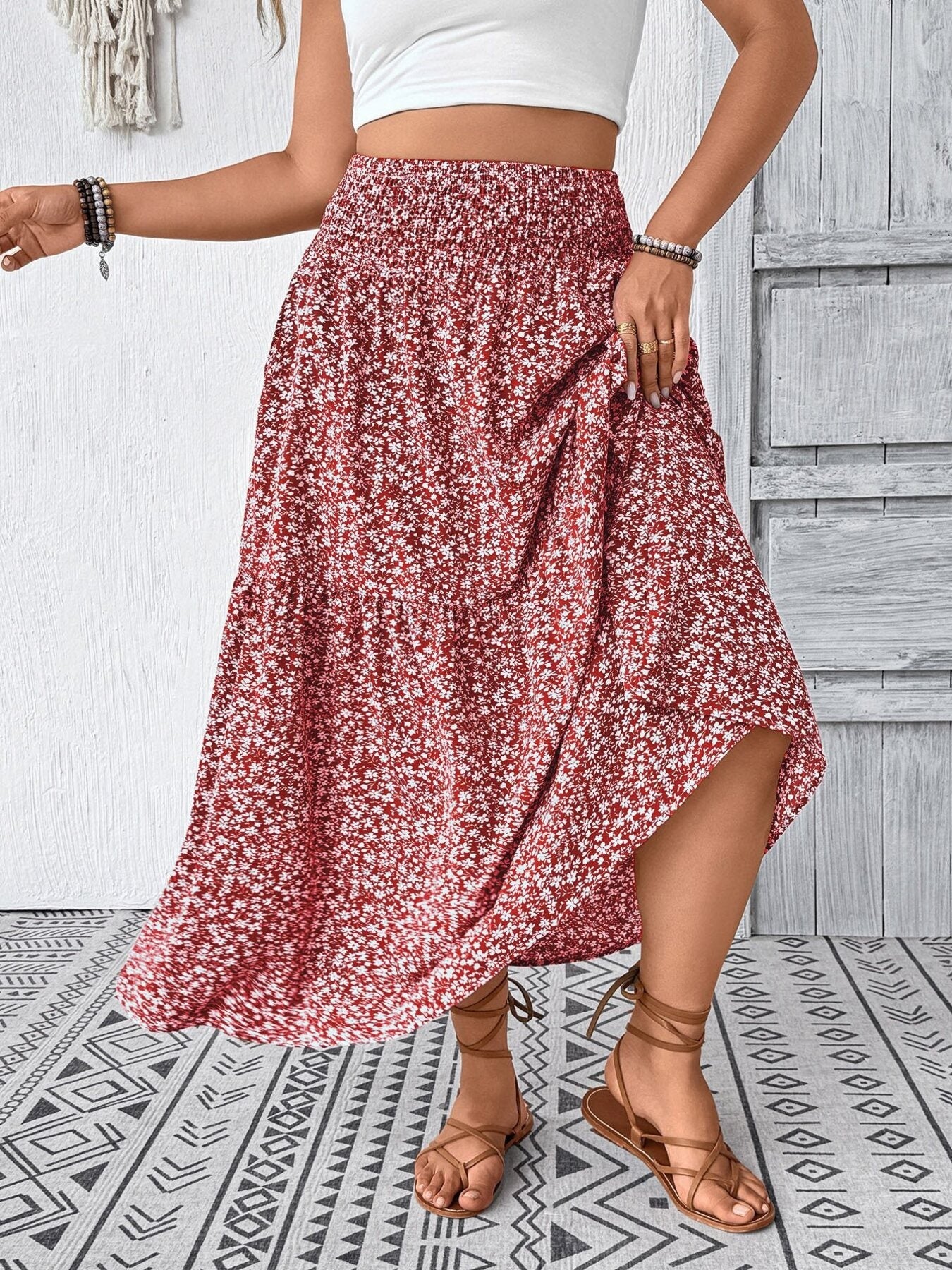 Plus Size Floral Print Tiered Skirt - cas7m