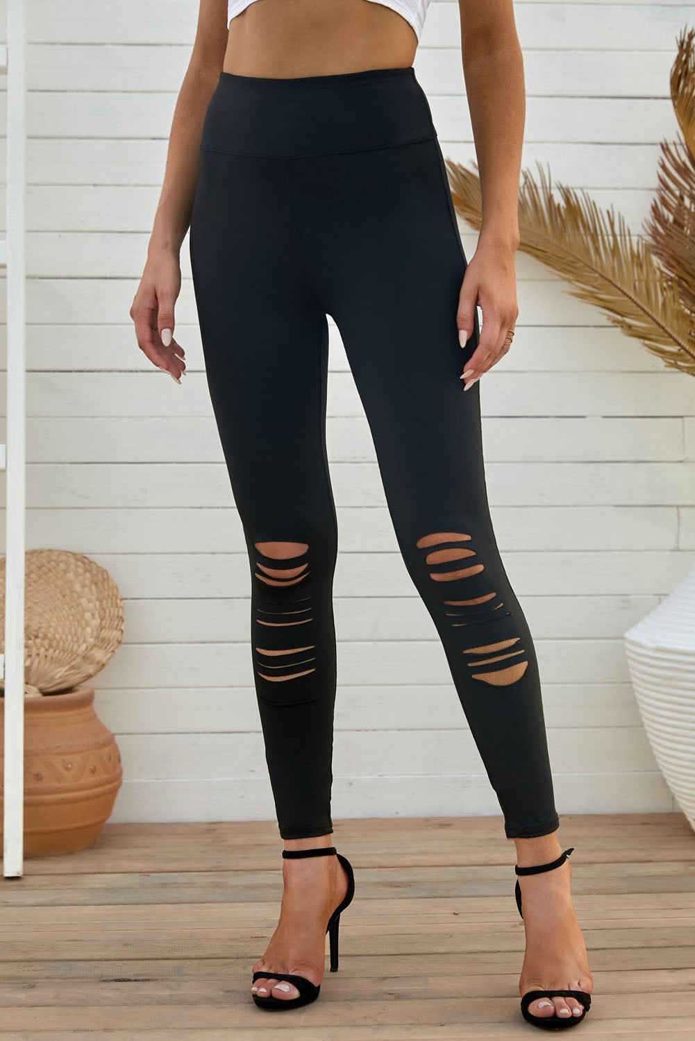 Wide Waistband Distressed Slim Fit Leggings - cas7m