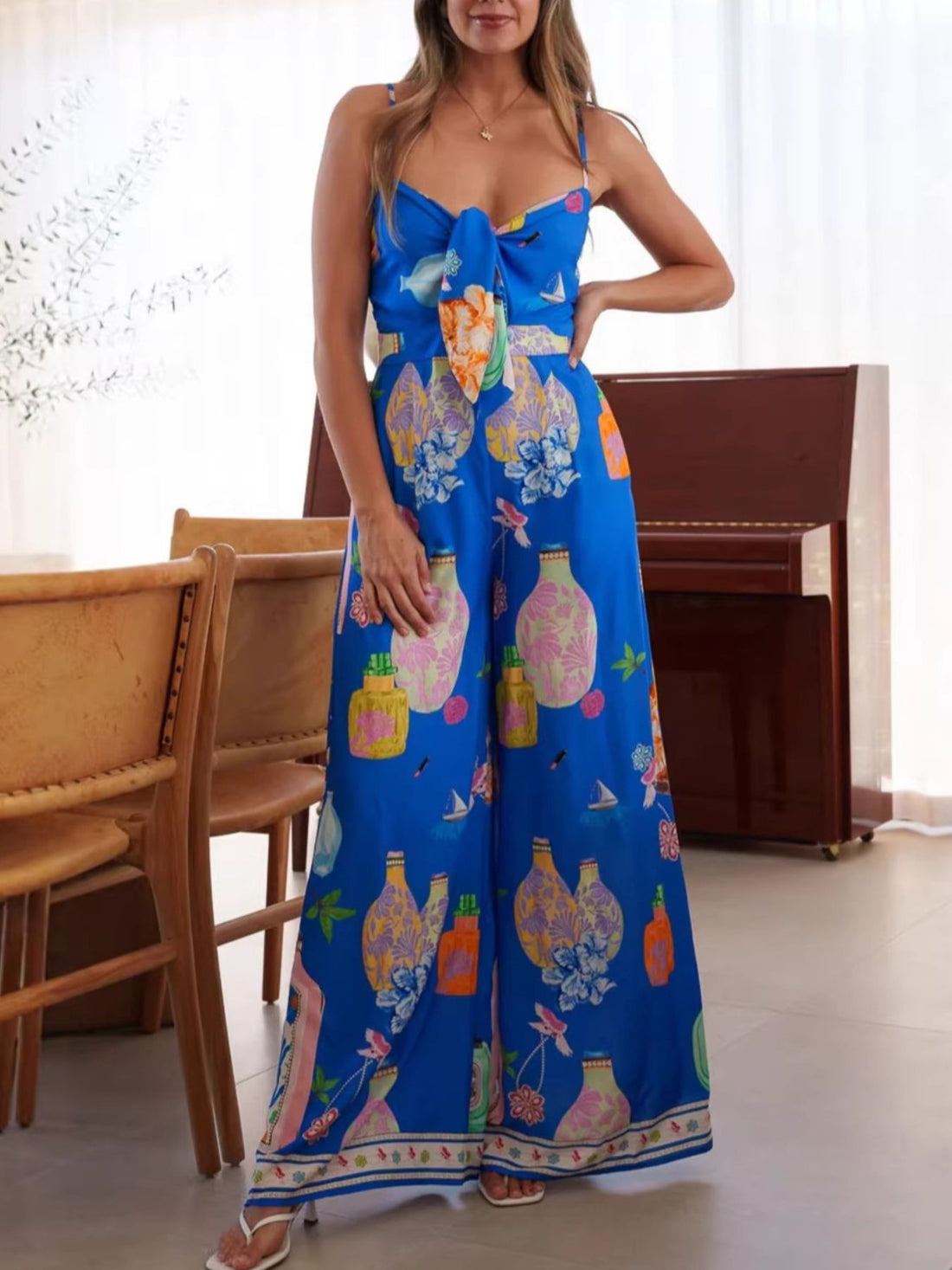 Printed Tie-Front Wide Leg Jumpsuit - cas7m