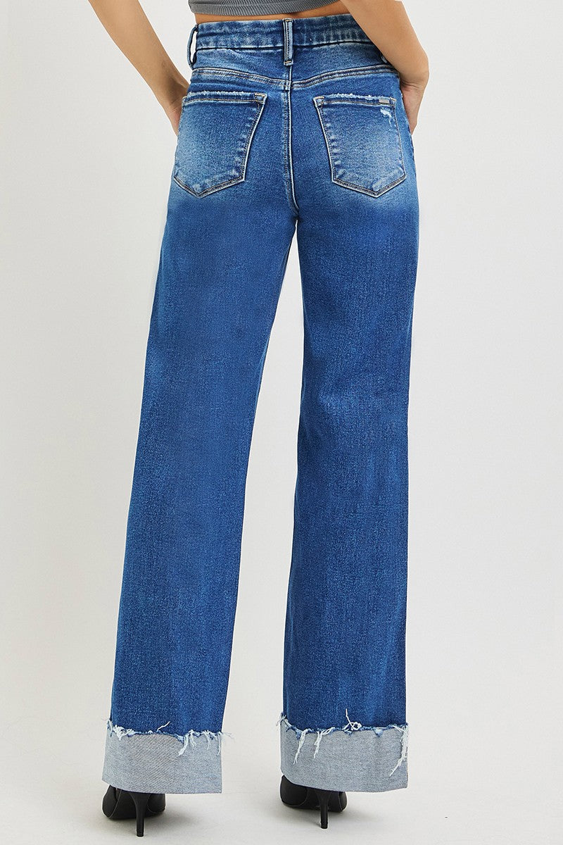 RISEN High Rise Wide Leg Jeans With Cuffed Hem - cas7m