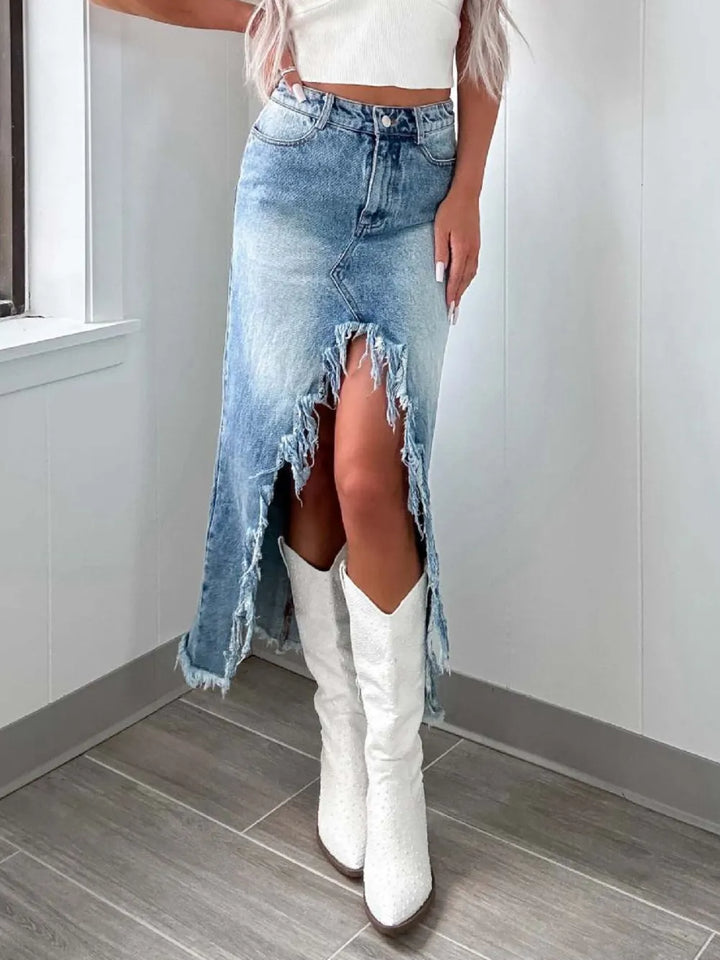 High-Waist Raw Hem Asymmetry Denim Skirt - cas7m