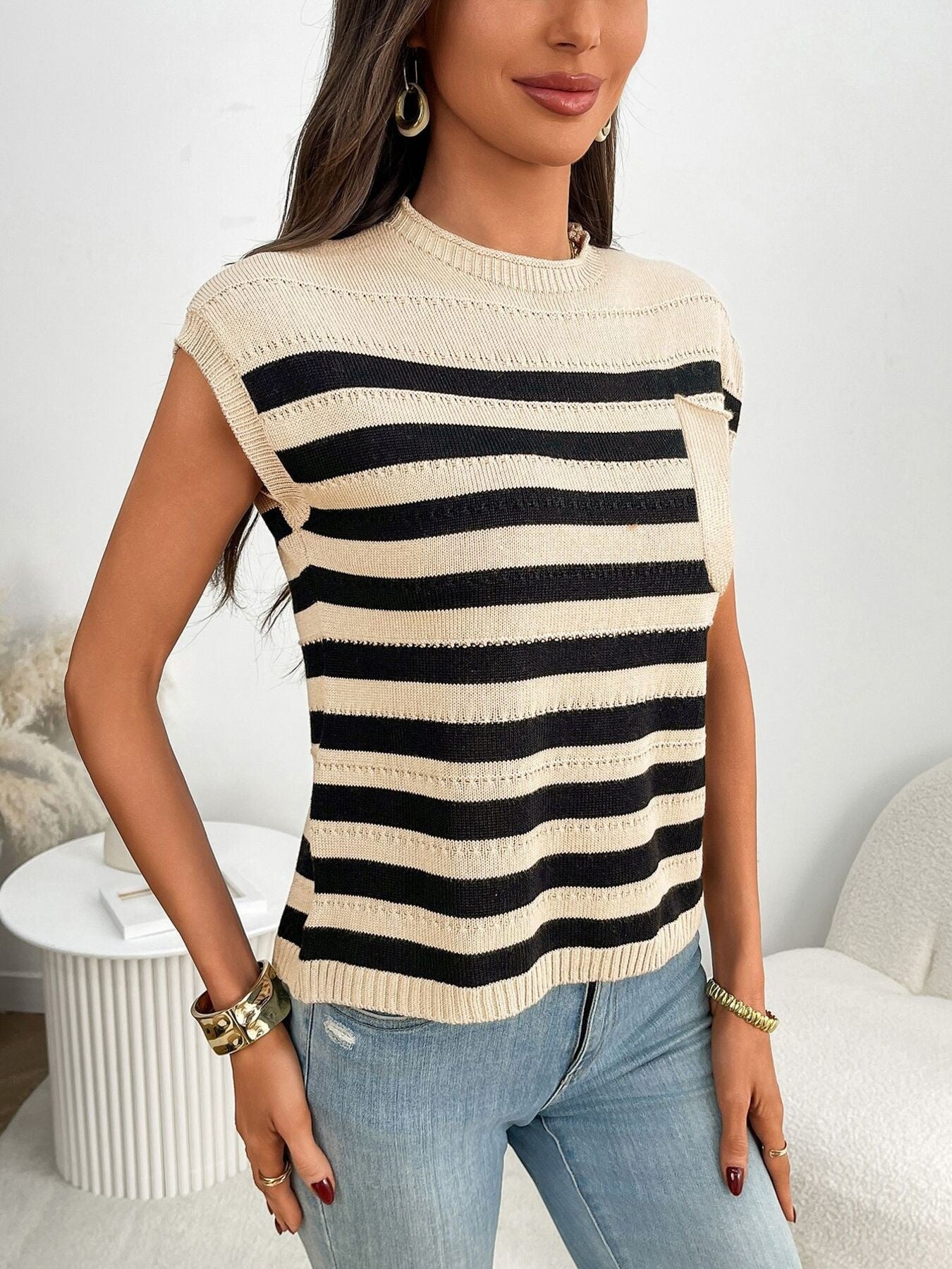 Striped Knit Pocket Detail Cap Sleeve Sweater - cas7m