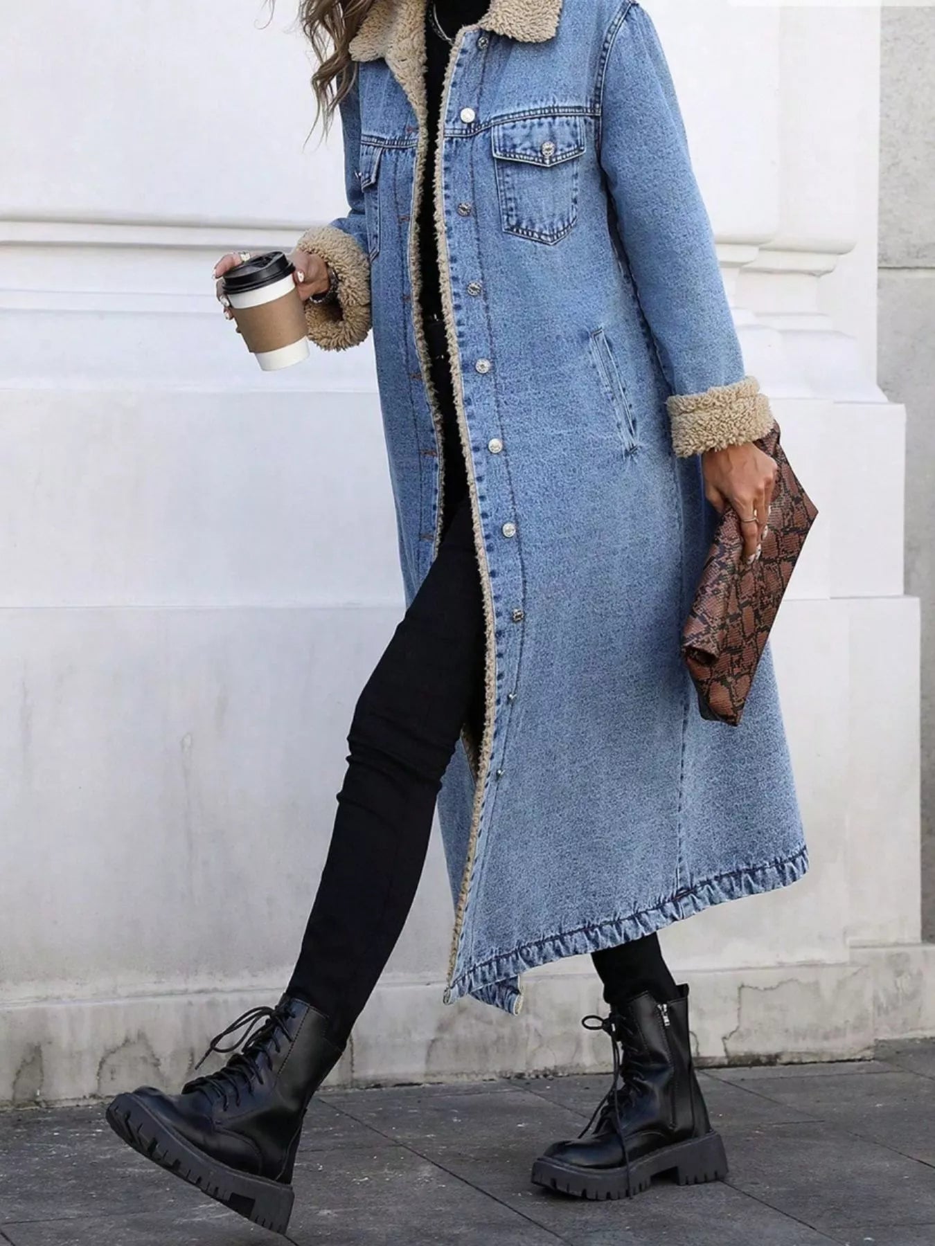Sherpa Lined Longline Denim Jacket - cas7m