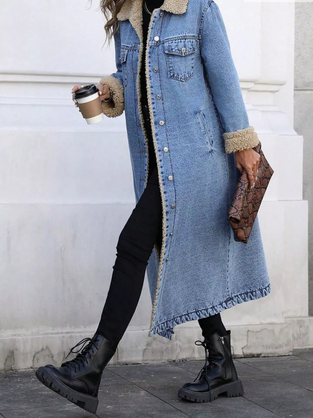 Sherpa Lined Longline Denim Jacket - cas7m