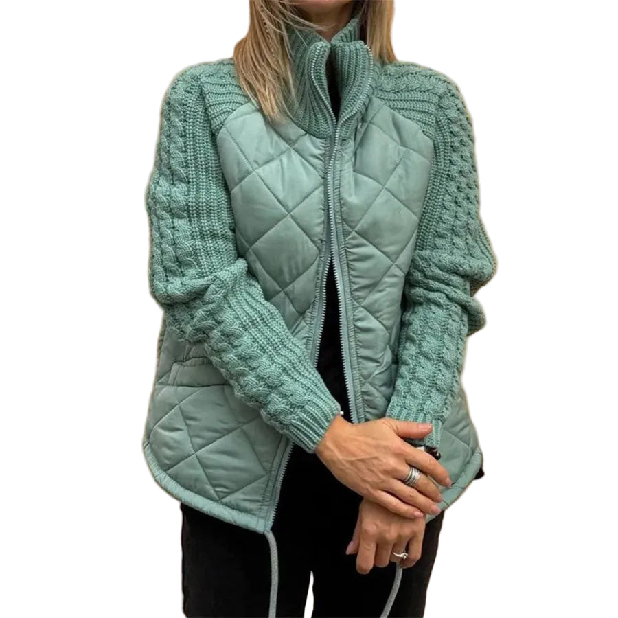 Winter Stand Collar Cotton Jacket With Pockets Fashion Knitted Stitching Zipper Coat Warm Tops For Women Clothing - cas7m