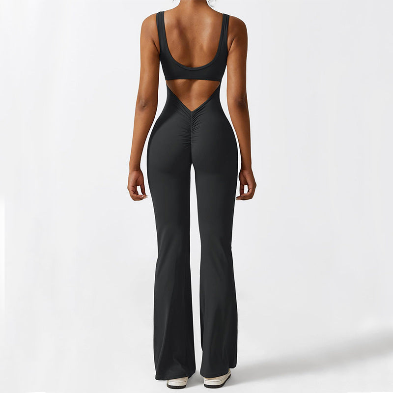 Women Sleeveless Flare Jumpsuits Fitness Yoga Long Pants - cas7m