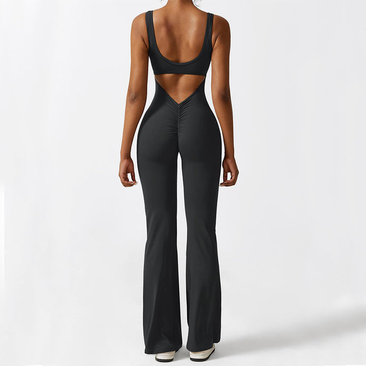 Women Sleeveless Flare Jumpsuits Fitness Yoga Long Pants - cas7m