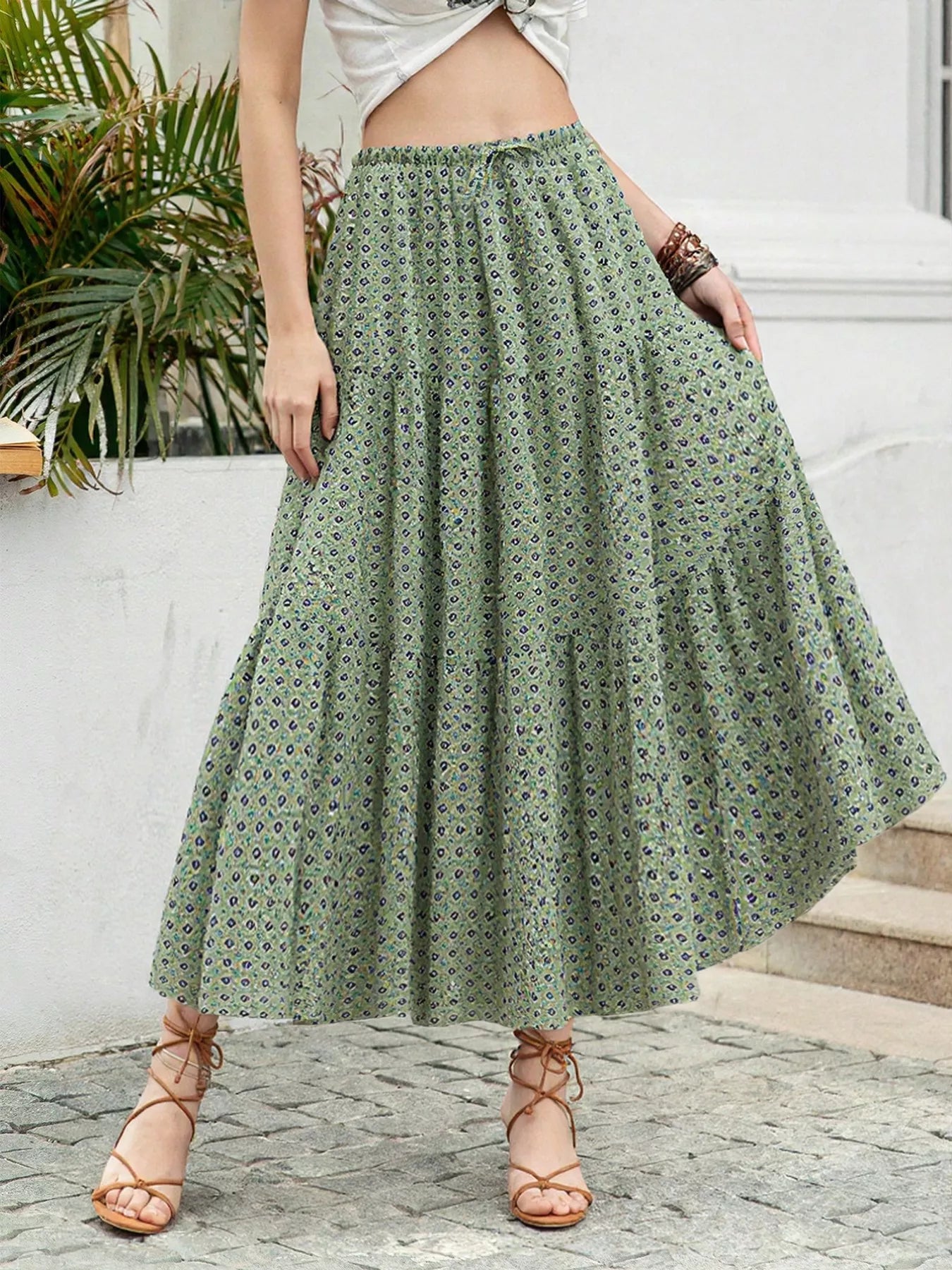 Boho Print Tiered Maxi Skirt - cas7m