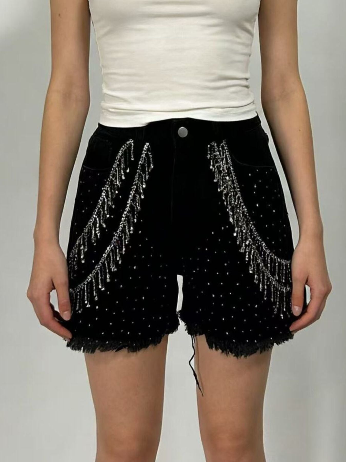 Rhinestone Chain Raw Hem Denim Shorts - cas7m