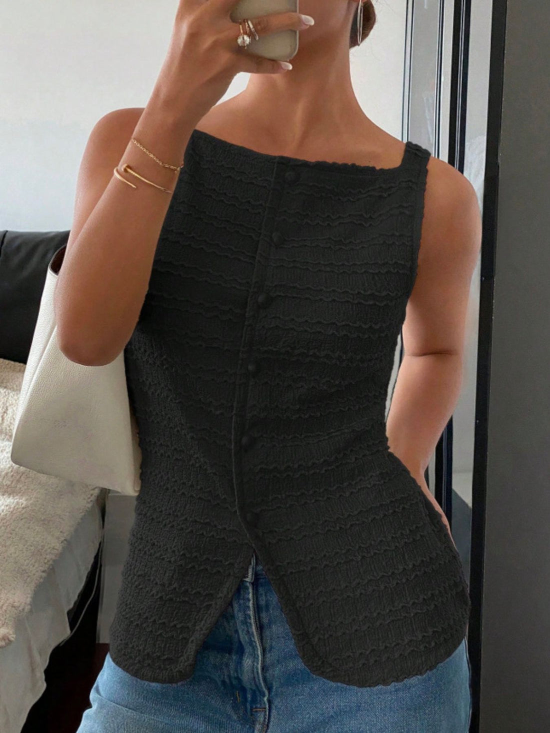 Textured Button-Front Tank - cas7m