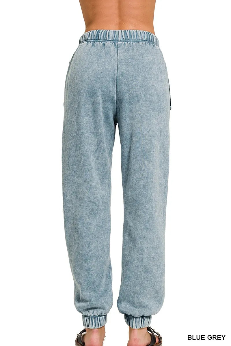 Zenana Acid Wash Fleece Sweatpants with Pockets - cas7m