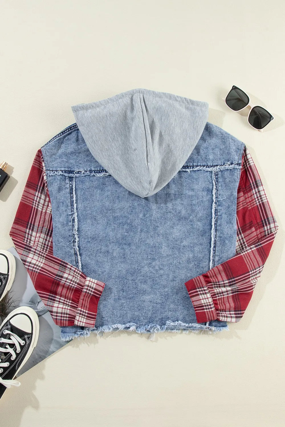 Raw Hem Drawstring Plaid Denim Jacket - cas7m