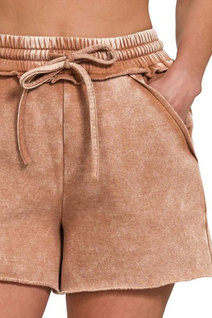 Zenana Acid Wash Fleece Drawstring Shorts With Pockets - cas7m
