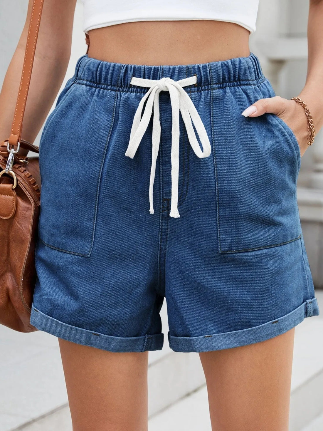 Drawstring Wash Denim Shorts - cas7m