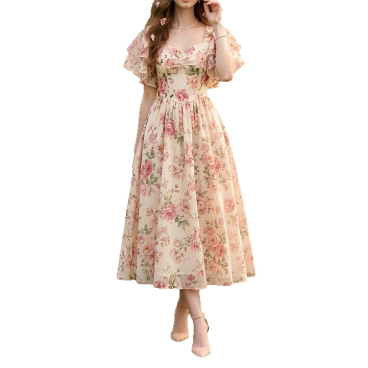 Square-neck Puff-sleeve Floral Print Waist-cinched Midi Dress With A Flared Hem - cas7m