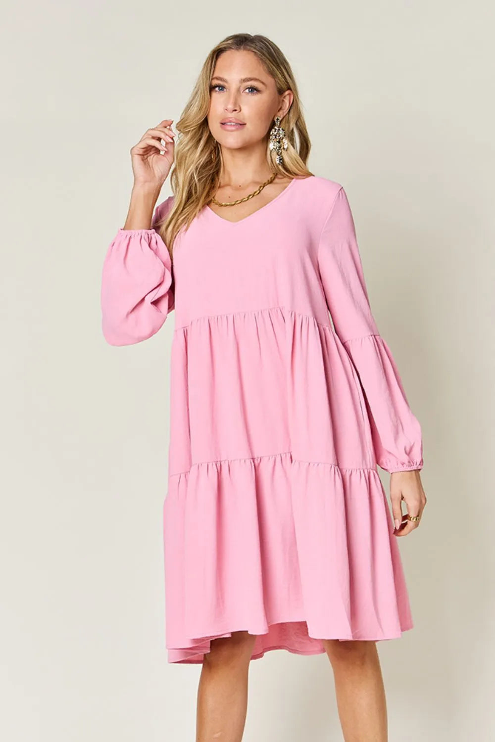 Double Take Full Size V-Neck Balloon Sleeve Tiered Dress with Pockets - cas7m