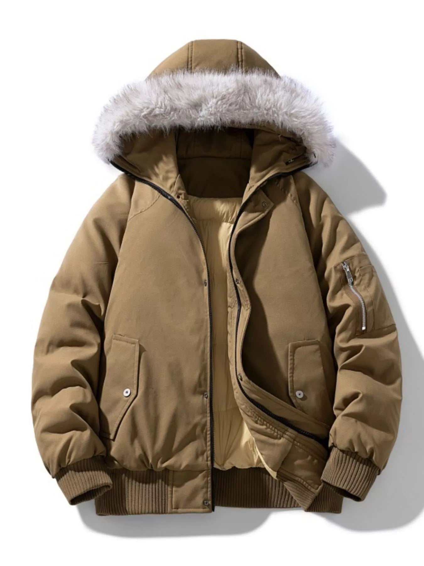 Men's Plus Size Faux Fur Hooded Padded Bomber Jacket - cas7m
