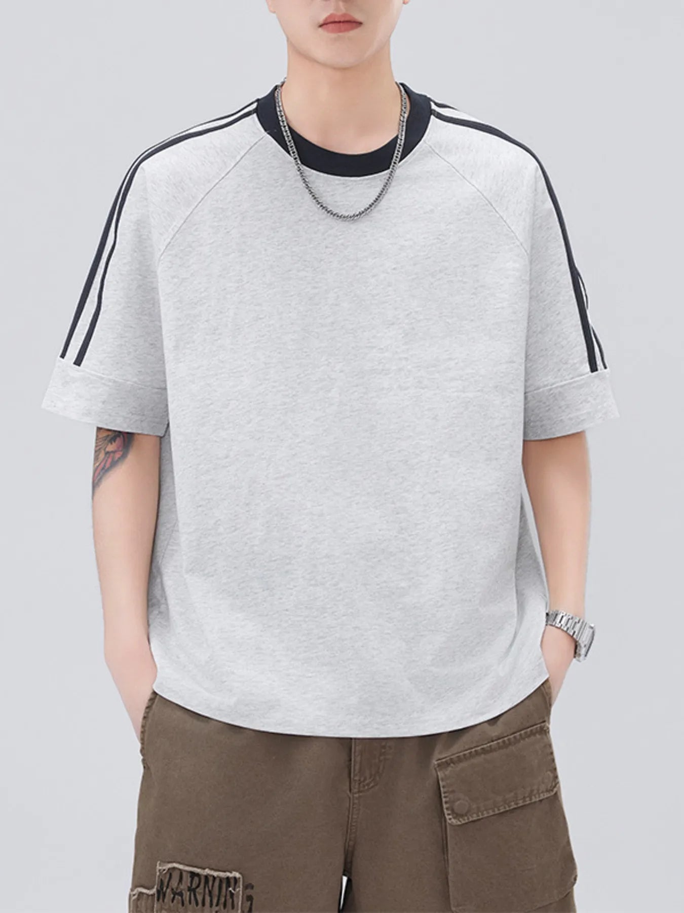 Men's Plus Size Striped Trim Casual T-Shirt - cas7m