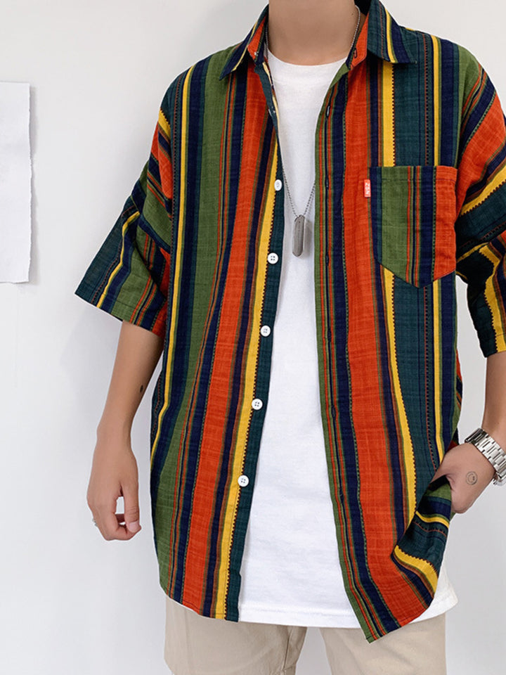 Men's Plus Size Striped Half Sleeve Shirt - cas7m