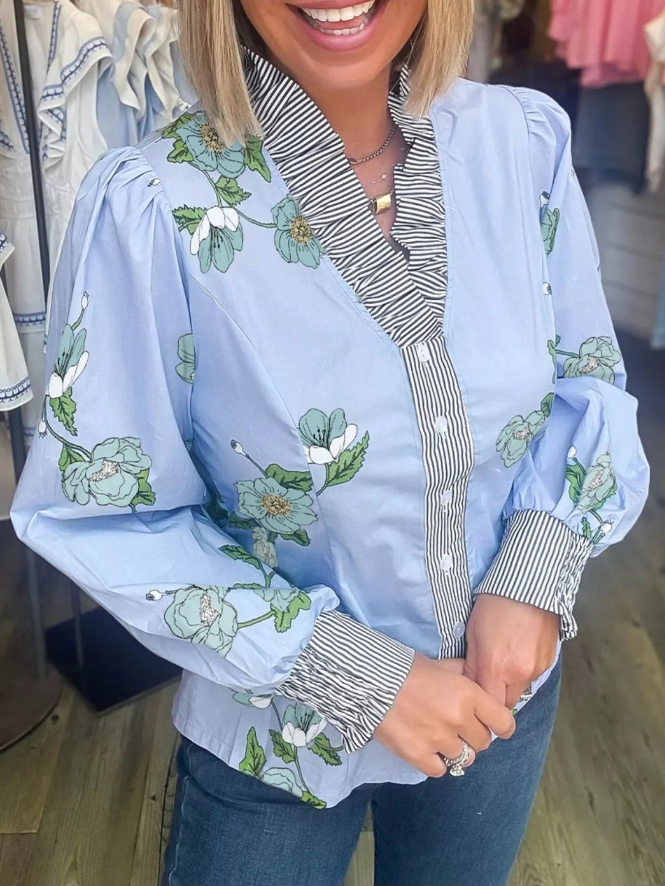 Floral Print Contrast Striped Trim Ruffled V Neck Fall Blouse - cas7m
