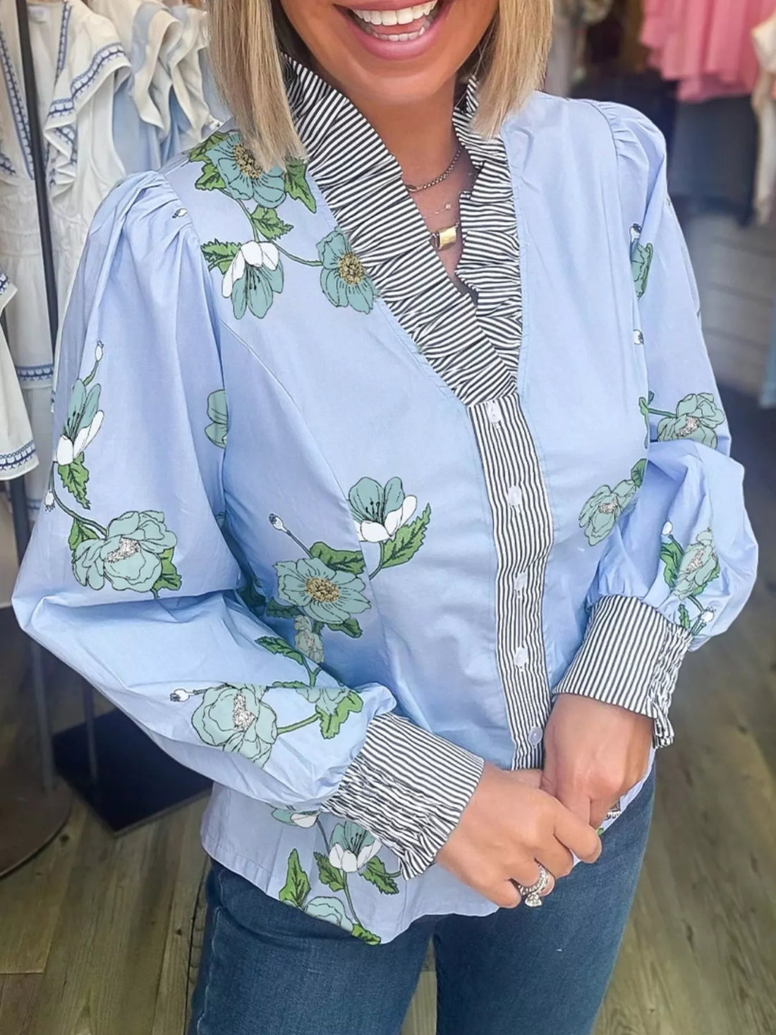 Floral Print Contrast Striped Trim Ruffled V Neck Fall Blouse - cas7m
