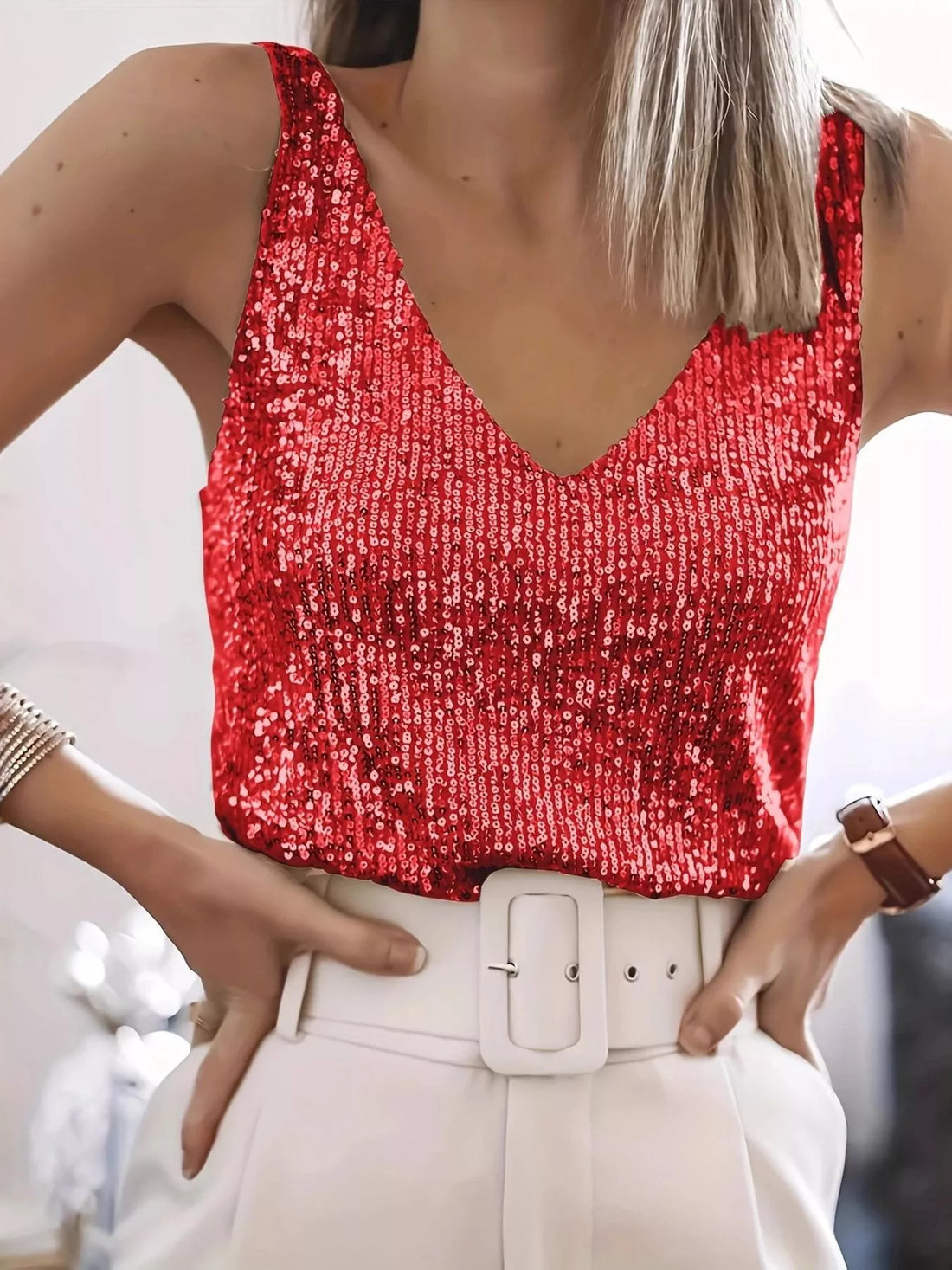 Sequin V-Neck Tank Top - cas7m