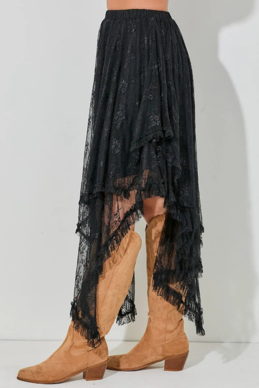 Elastic Waist Asymmetrical Lace Skirt - cas7m