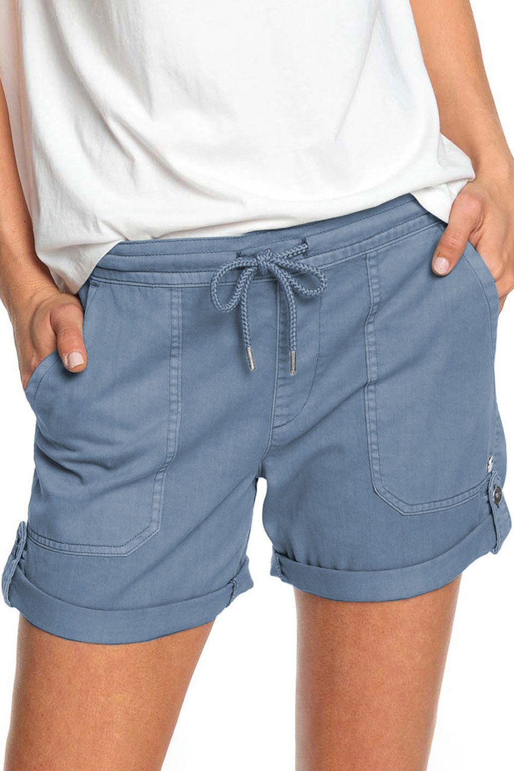 Elastic Waistband Pocket Drawstring Shorts with Button - cas7m