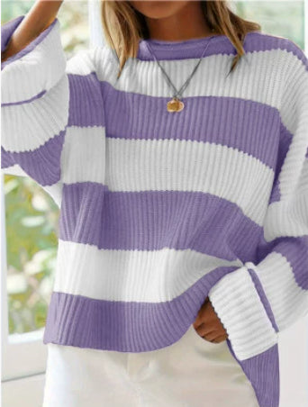Loose Striped Sweater Fashion Casual Long Batwing Sleeve Round Neck Pullover Knit Tops Women Clothing - cas7m