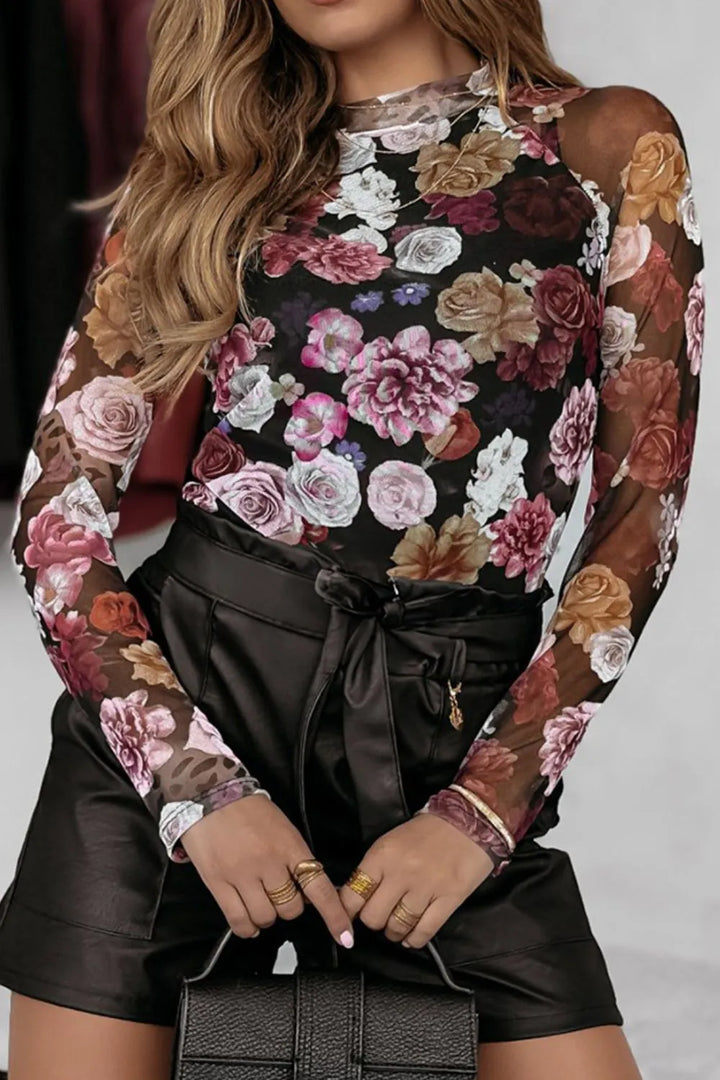 Floral Mock Neck Long Sleeve Mesh Top - cas7m