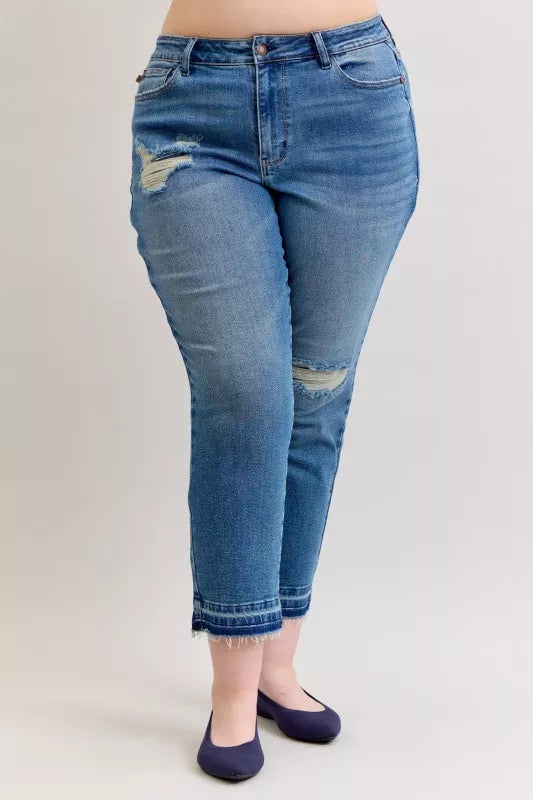 Judy Blue Full Size Mid Rise Bf Patch & Repair Destroy Release Hem Jeans Plus Size - cas7m