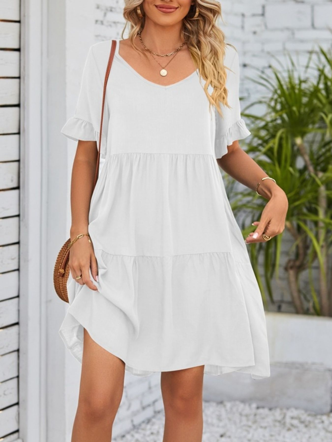 Ruffled Sleeve Tiered Mini Dress - cas7m