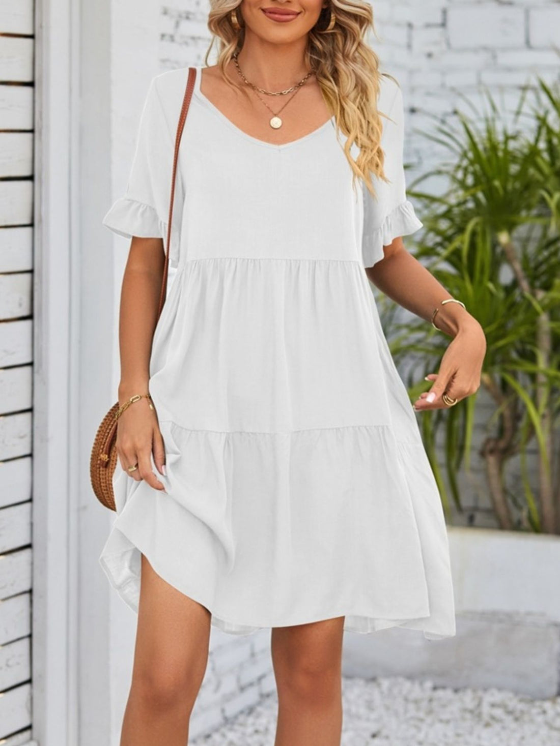 Ruffled Sleeve Tiered Mini Dress - cas7m