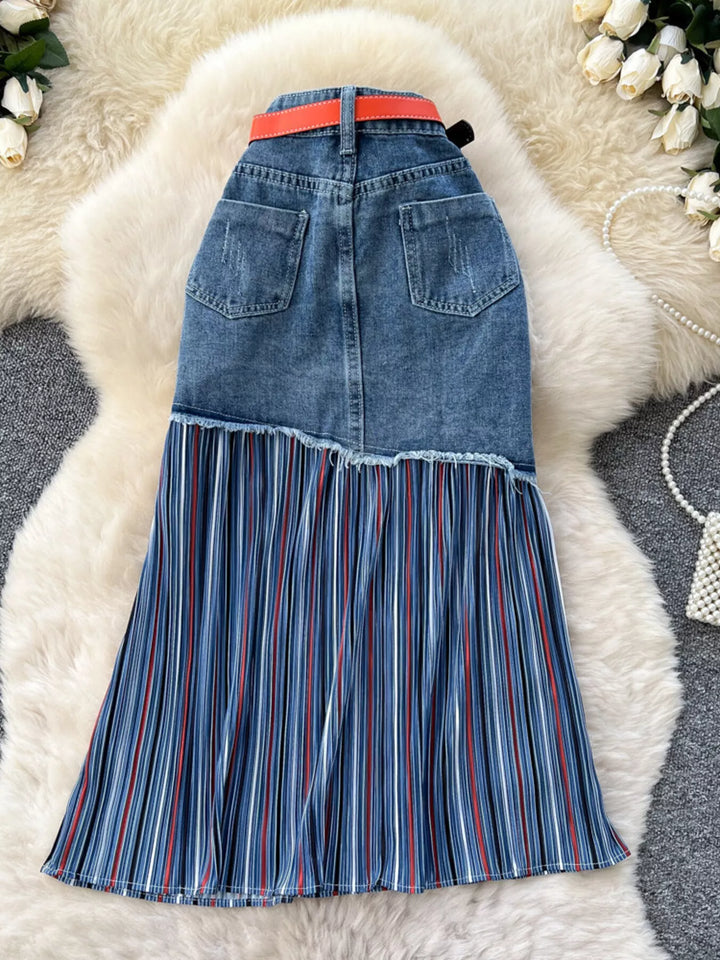 Full Size Striped Patchwork Denim Skirt Plus Size - cas7m