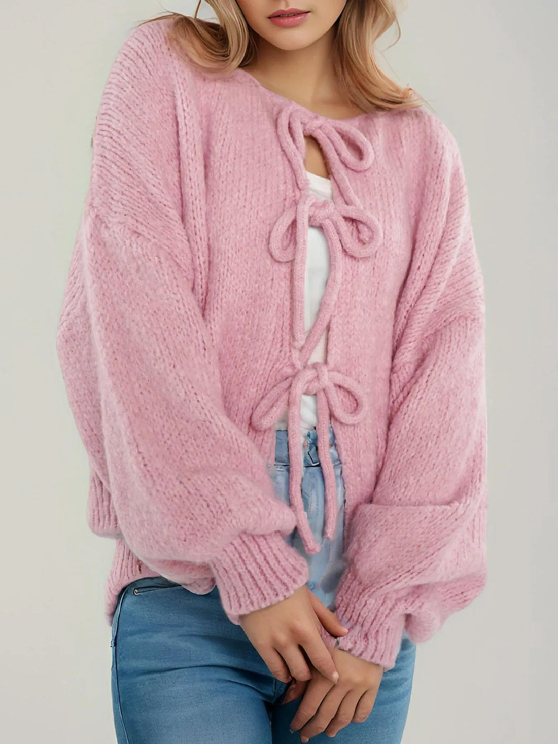 Cozy Bow-Tie Front Knit Cardigan - cas7m