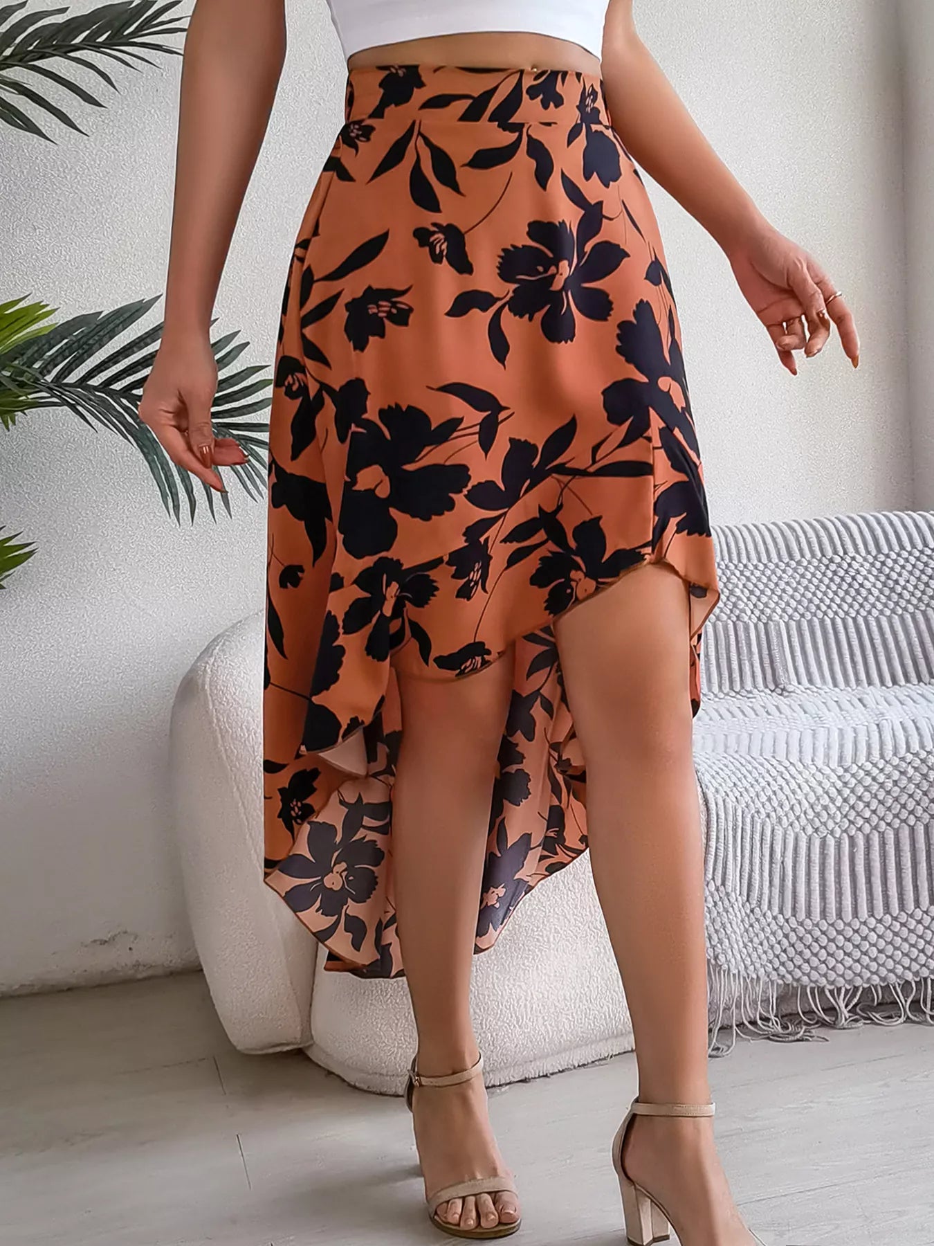 Floral Print Ruffle Hem Asymmetrical Skirt - cas7m