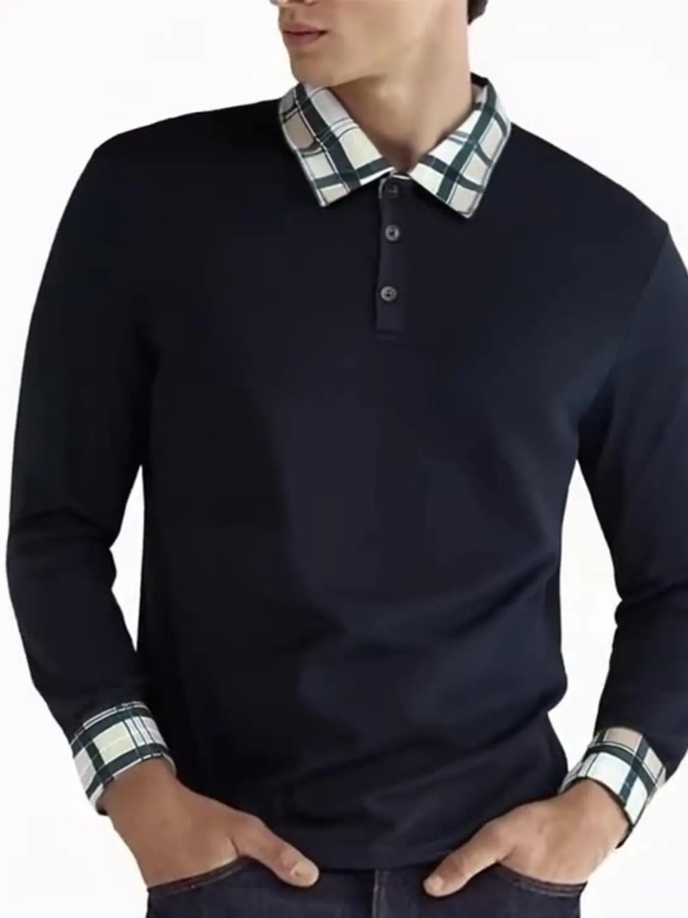 Men's Long Sleeve Plaid Collar Polo Shirt - cas7m