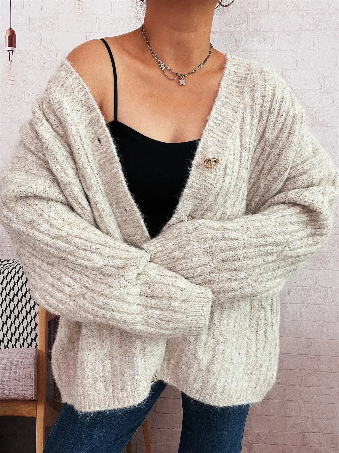 Cable Knit Button-Up Cardigan - cas7m