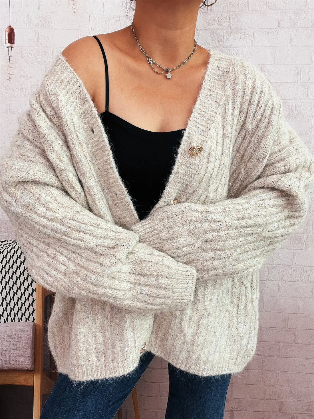 Cable Knit Button-Up Cardigan - cas7m
