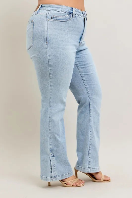 Judy Blue Full Size Tummy Control Vintage Wash Side Slit Slim Boot Jeans Plus Size - cas7m