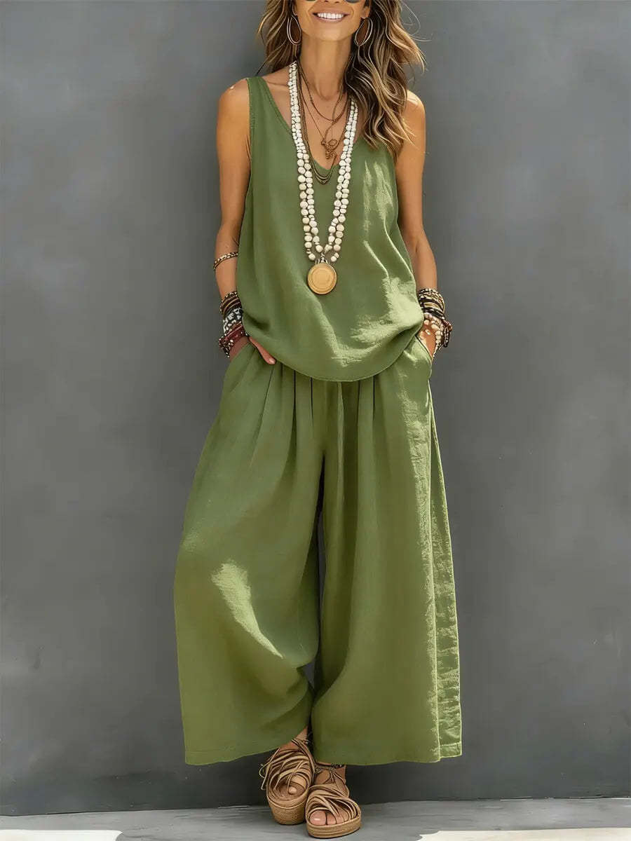 Womens Solid-Colored Casual Sleeveless Tank Top And Wide-Leg Pants Cotton-Linen Set For Daily Wear Holiday Outfit - cas7m