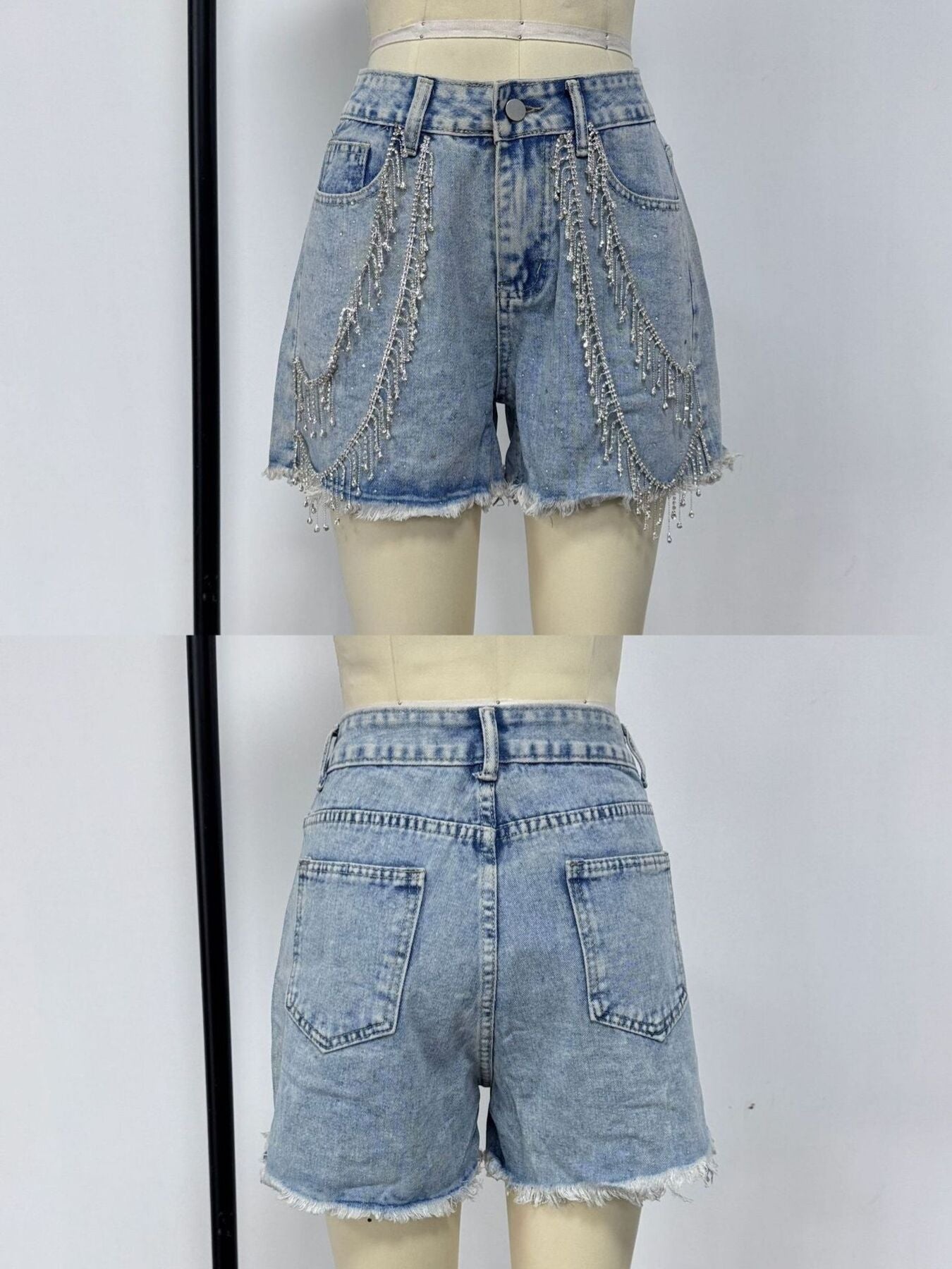 Rhinestone Chain Raw Hem Denim Shorts - cas7m